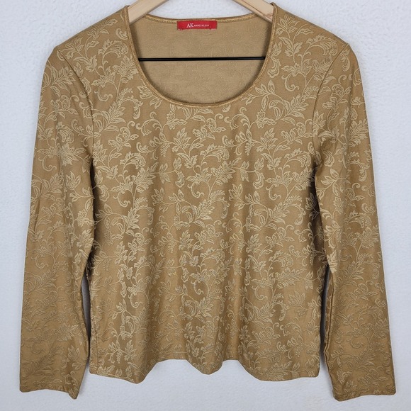 Anne Klein Tops - AK Anne Klein Damask Floral Jacquard Knit Top Womens M Tan Gold Boho Romantic